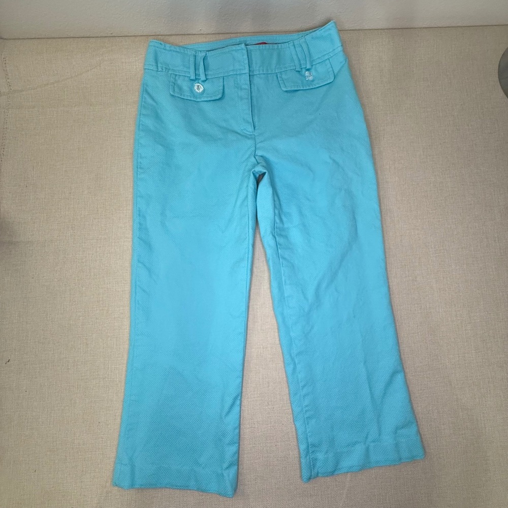 Oscar de la Renta Turquoise Blue Cotton Pique Cropped Pants Size 6